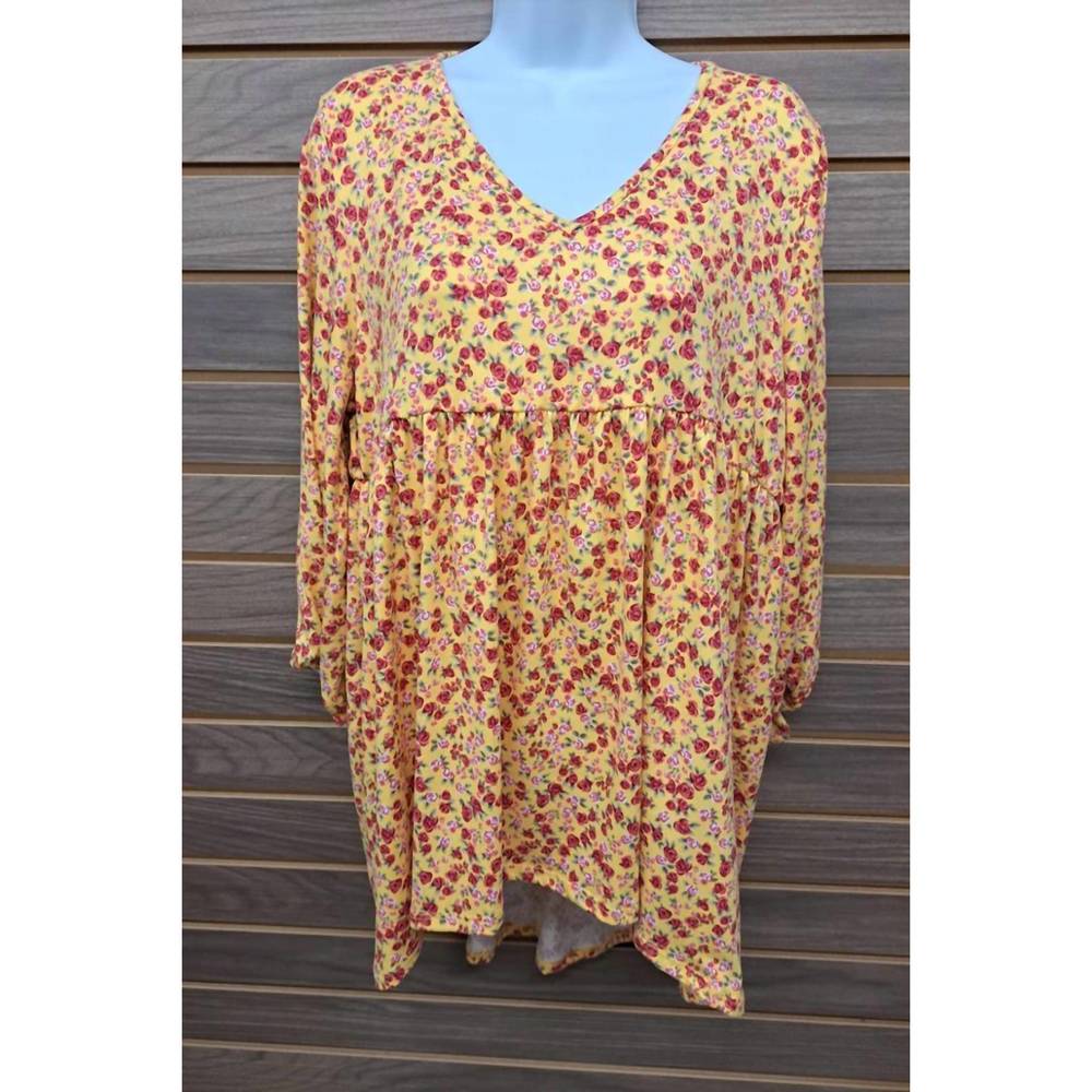 NEW PERFECT PEACH women's v neck baby doll floral 3/4 sleeve in yellow